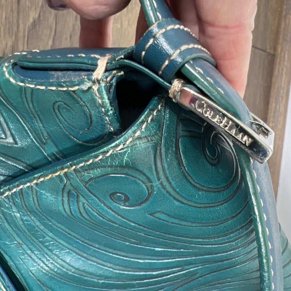 VINTAGE COLE HAAN Hand Tooled Leather Hobo Shoulder Bag Teal Green - Picture 5 of 11